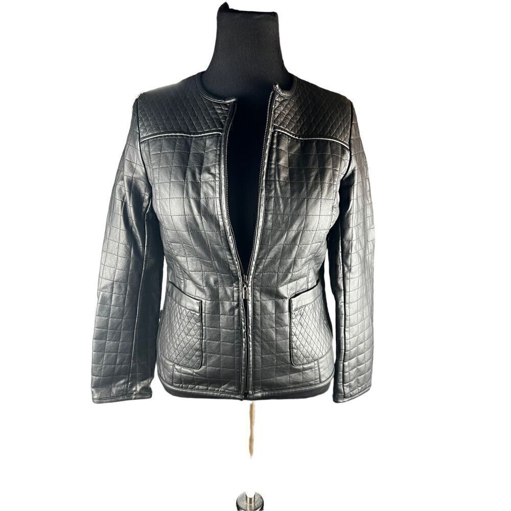 Joan rivers motorcycle faux leather quilted biker black zip up jacket XS (4)